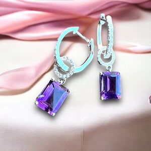 New Natural Amethyst Earrings Sterling Silver Two in One Hoops
